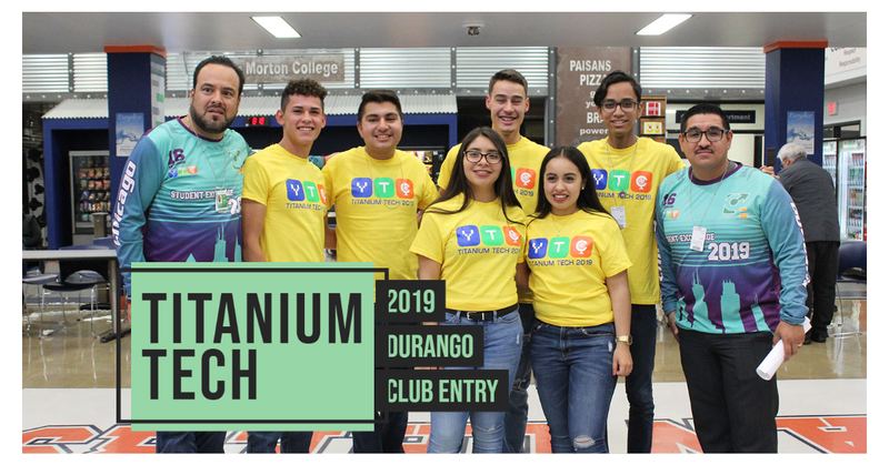 Members of Durango's Titanium Tech 2019 robotics club in yellow YTC shirts at Morton College in Cicero